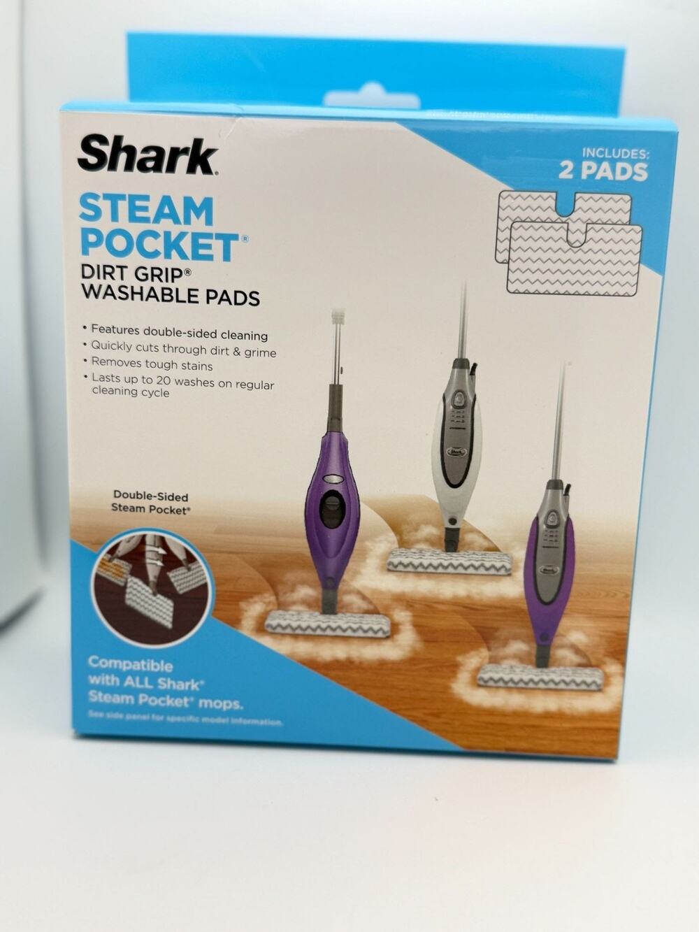 Shark Steam Pocket Dirt Grip Washable Pads 2-Pack Double-Sided Cleaning Compatib